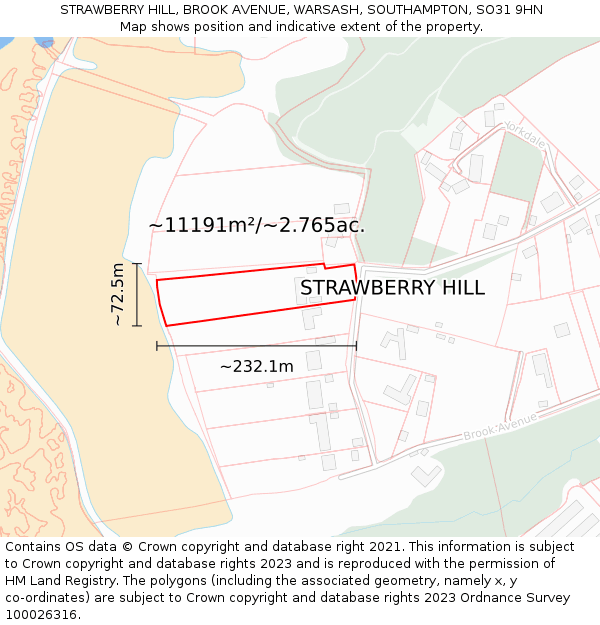 STRAWBERRY HILL, BROOK AVENUE, WARSASH, SOUTHAMPTON, SO31 9HN: Plot and title map