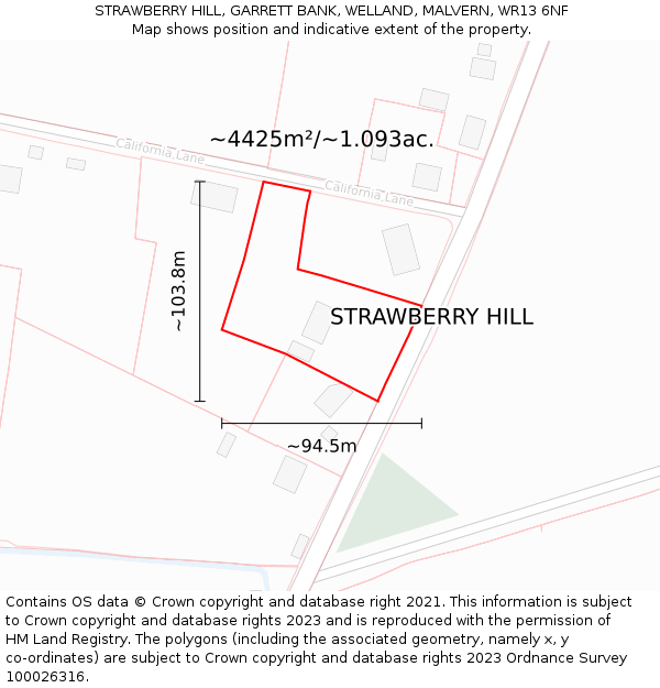 STRAWBERRY HILL, GARRETT BANK, WELLAND, MALVERN, WR13 6NF: Plot and title map