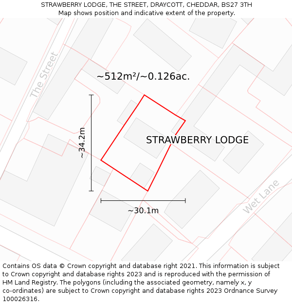 STRAWBERRY LODGE, THE STREET, DRAYCOTT, CHEDDAR, BS27 3TH: Plot and title map