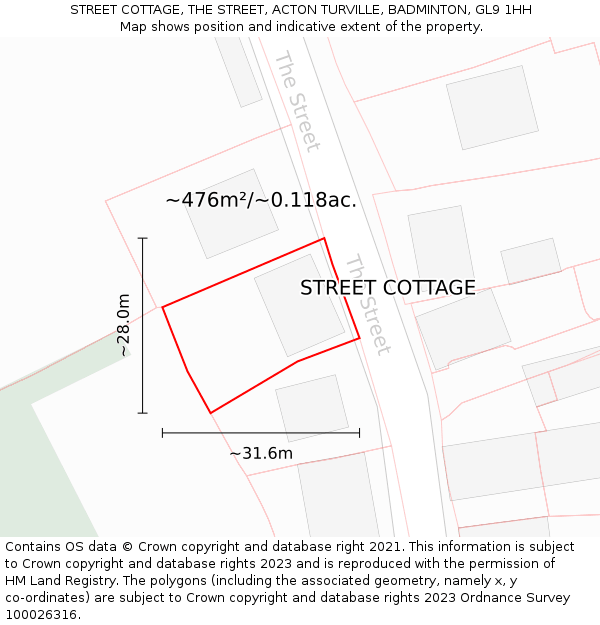 STREET COTTAGE, THE STREET, ACTON TURVILLE, BADMINTON, GL9 1HH: Plot and title map