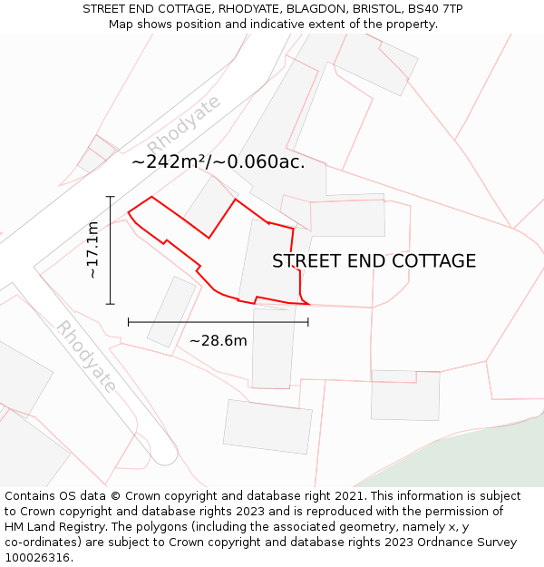STREET END COTTAGE, RHODYATE, BLAGDON, BRISTOL, BS40 7TP: Plot and title map