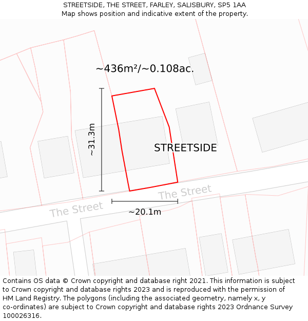 STREETSIDE, THE STREET, FARLEY, SALISBURY, SP5 1AA: Plot and title map