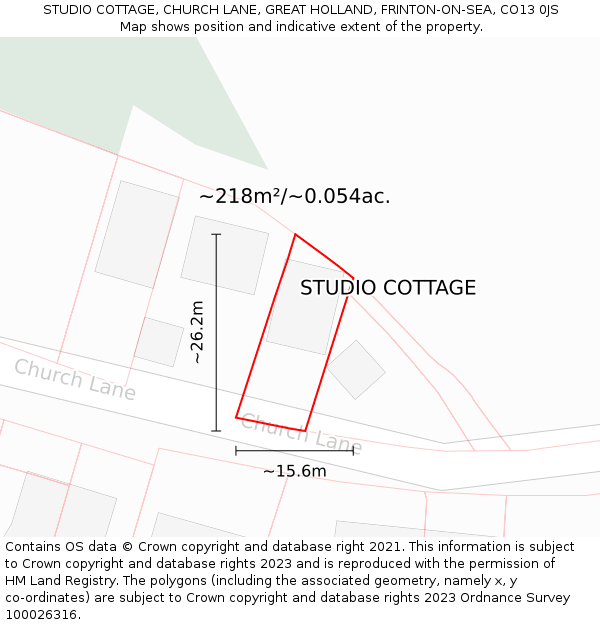 STUDIO COTTAGE, CHURCH LANE, GREAT HOLLAND, FRINTON-ON-SEA, CO13 0JS: Plot and title map