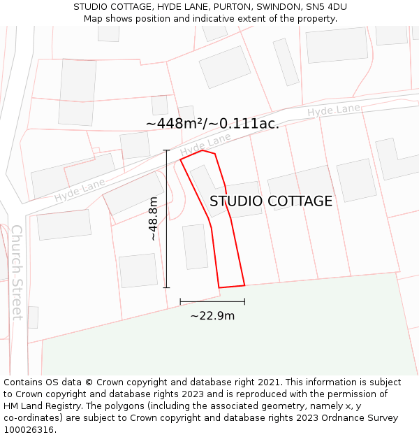 STUDIO COTTAGE, HYDE LANE, PURTON, SWINDON, SN5 4DU: Plot and title map