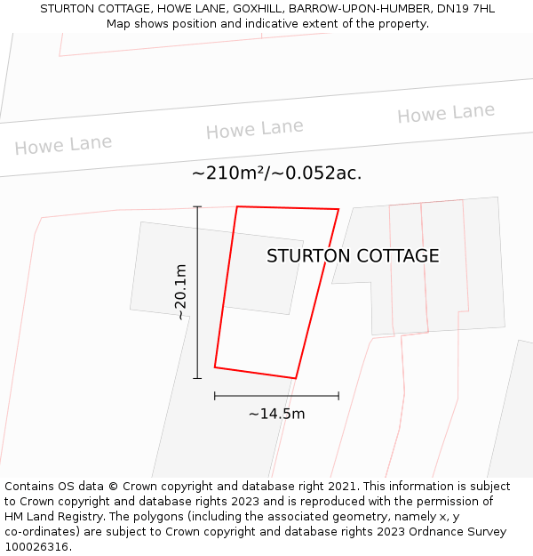 STURTON COTTAGE, HOWE LANE, GOXHILL, BARROW-UPON-HUMBER, DN19 7HL: Plot and title map