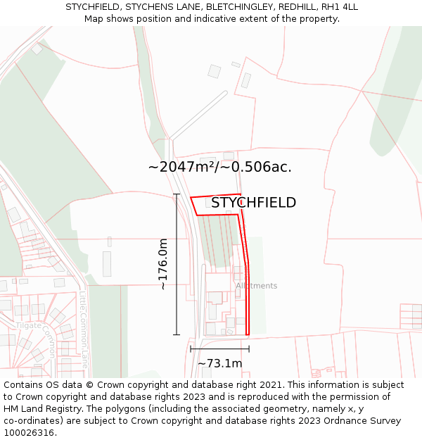 STYCHFIELD, STYCHENS LANE, BLETCHINGLEY, REDHILL, RH1 4LL: Plot and title map