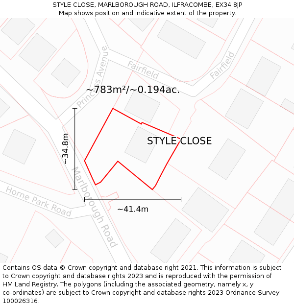 STYLE CLOSE, MARLBOROUGH ROAD, ILFRACOMBE, EX34 8JP: Plot and title map