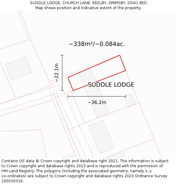 SUDDLE LODGE, CHURCH LANE, KEELBY, GRIMSBY, DN41 8ED: Plot and title map