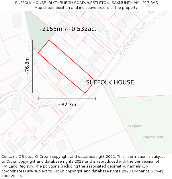 SUFFOLK HOUSE, BLYTHBURGH ROAD, WESTLETON, SAXMUNDHAM, IP17 3AS: Plot and title map