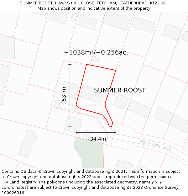 SUMMER ROOST, HAWKS HILL CLOSE, FETCHAM, LEATHERHEAD, KT22 9DL: Plot and title map