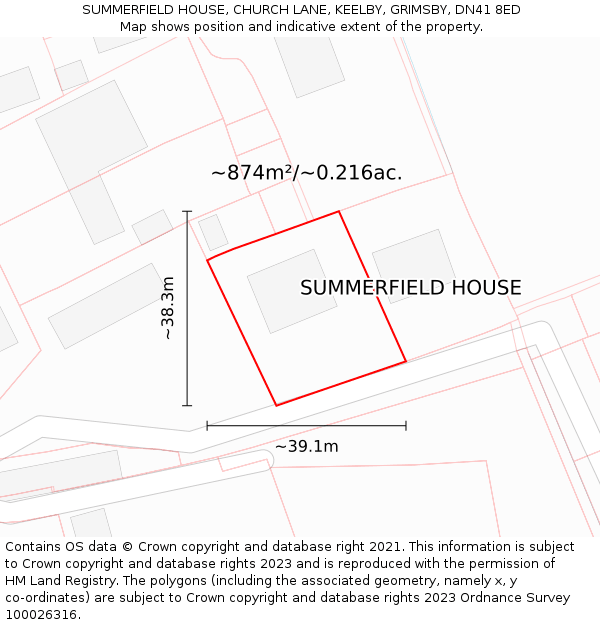 SUMMERFIELD HOUSE, CHURCH LANE, KEELBY, GRIMSBY, DN41 8ED: Plot and title map