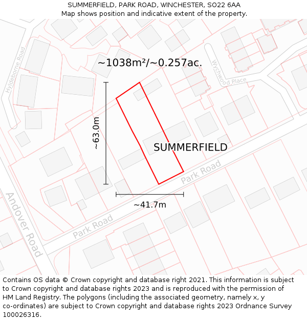 SUMMERFIELD, PARK ROAD, WINCHESTER, SO22 6AA: Plot and title map