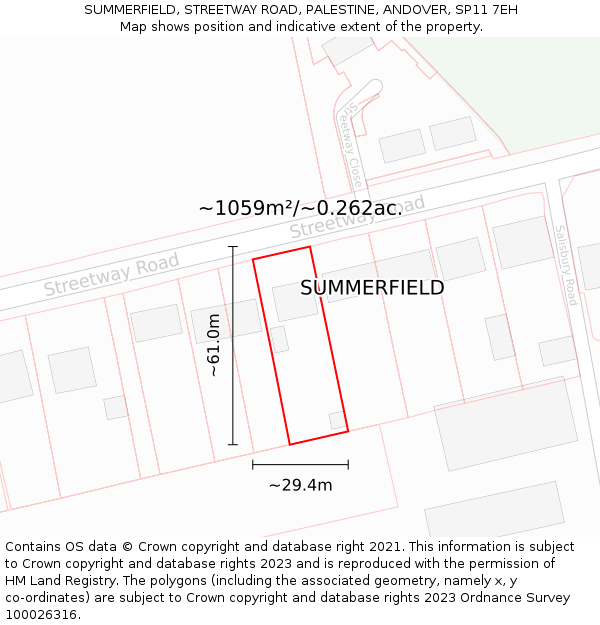 SUMMERFIELD, STREETWAY ROAD, PALESTINE, ANDOVER, SP11 7EH: Plot and title map