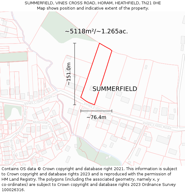 SUMMERFIELD, VINES CROSS ROAD, HORAM, HEATHFIELD, TN21 0HE: Plot and title map