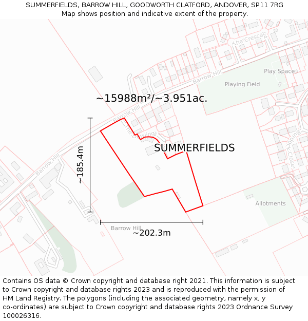 SUMMERFIELDS, BARROW HILL, GOODWORTH CLATFORD, ANDOVER, SP11 7RG: Plot and title map