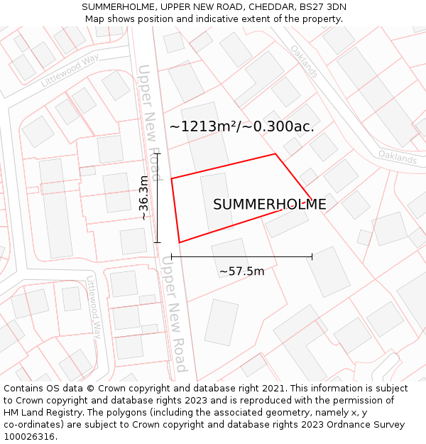 SUMMERHOLME, UPPER NEW ROAD, CHEDDAR, BS27 3DN: Plot and title map