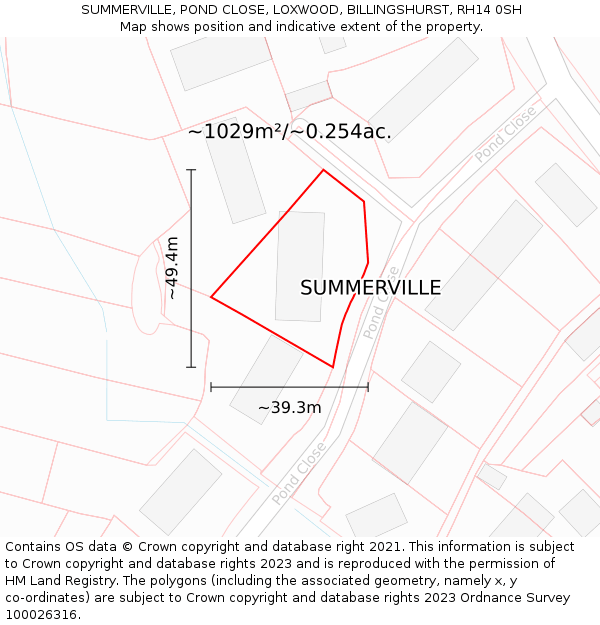 SUMMERVILLE, POND CLOSE, LOXWOOD, BILLINGSHURST, RH14 0SH: Plot and title map