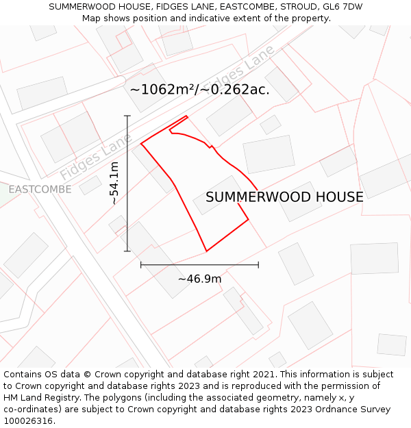 SUMMERWOOD HOUSE, FIDGES LANE, EASTCOMBE, STROUD, GL6 7DW: Plot and title map