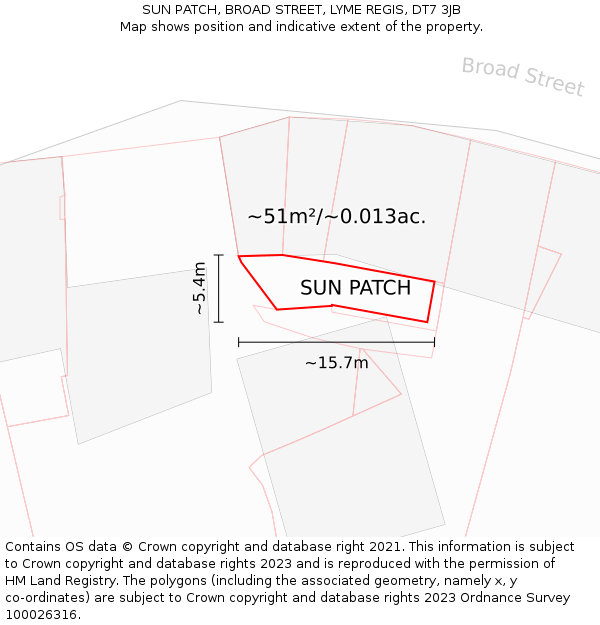 SUN PATCH, BROAD STREET, LYME REGIS, DT7 3JB: Plot and title map