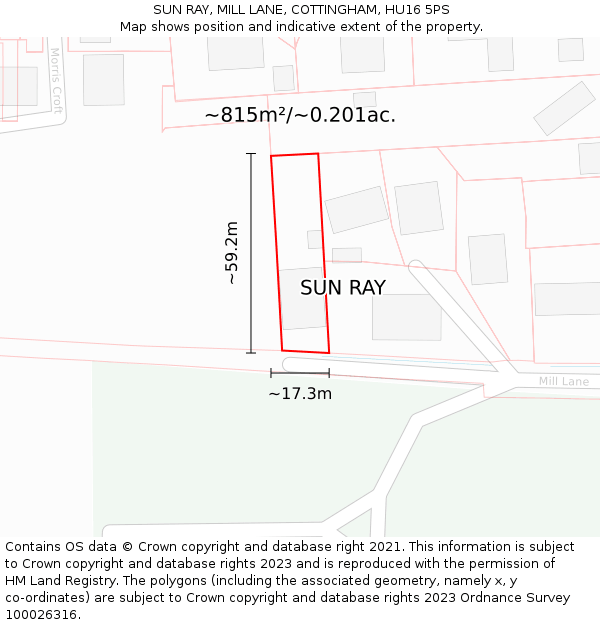SUN RAY, MILL LANE, COTTINGHAM, HU16 5PS: Plot and title map