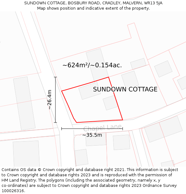 SUNDOWN COTTAGE, BOSBURY ROAD, CRADLEY, MALVERN, WR13 5JA: Plot and title map