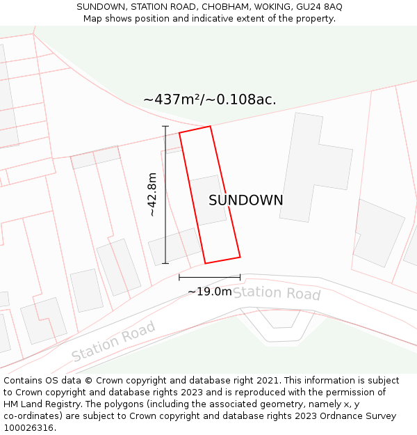 SUNDOWN, STATION ROAD, CHOBHAM, WOKING, GU24 8AQ: Plot and title map