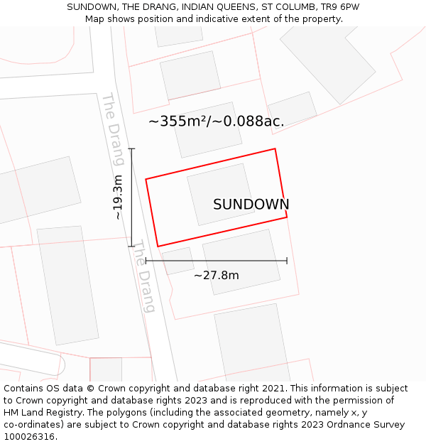 SUNDOWN, THE DRANG, INDIAN QUEENS, ST COLUMB, TR9 6PW: Plot and title map