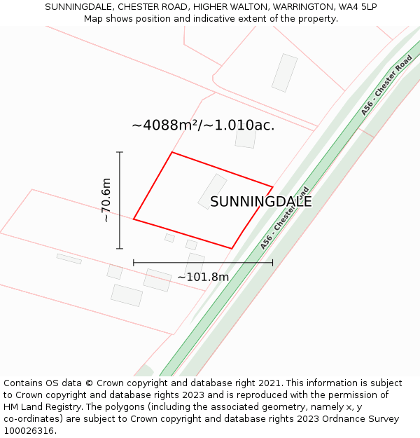 SUNNINGDALE, CHESTER ROAD, HIGHER WALTON, WARRINGTON, WA4 5LP: Plot and title map