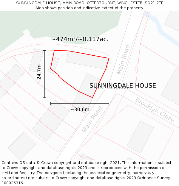 SUNNINGDALE HOUSE, MAIN ROAD, OTTERBOURNE, WINCHESTER, SO21 2EE: Plot and title map