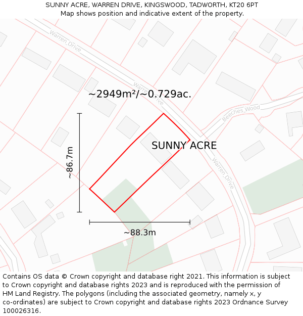 SUNNY ACRE, WARREN DRIVE, KINGSWOOD, TADWORTH, KT20 6PT: Plot and title map