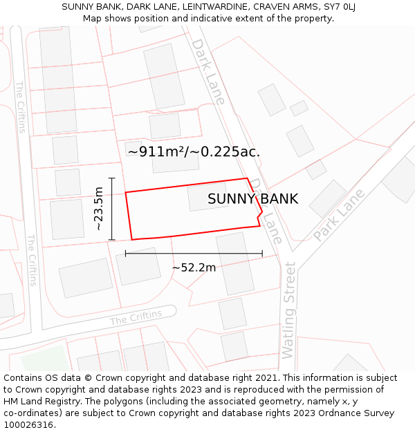 SUNNY BANK, DARK LANE, LEINTWARDINE, CRAVEN ARMS, SY7 0LJ: Plot and title map