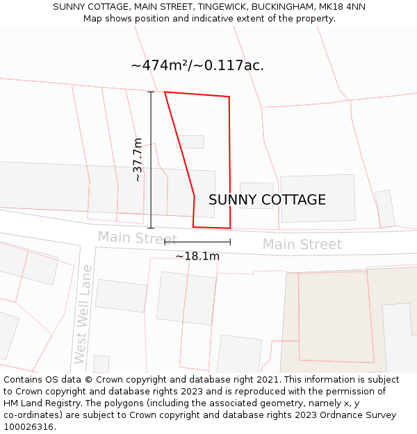 SUNNY COTTAGE, MAIN STREET, TINGEWICK, BUCKINGHAM, MK18 4NN: Plot and title map