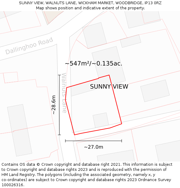 SUNNY VIEW, WALNUTS LANE, WICKHAM MARKET, WOODBRIDGE, IP13 0RZ: Plot and title map