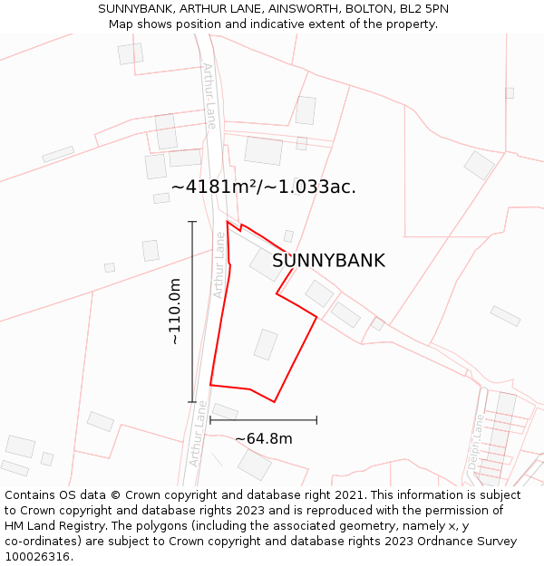 SUNNYBANK, ARTHUR LANE, AINSWORTH, BOLTON, BL2 5PN: Plot and title map