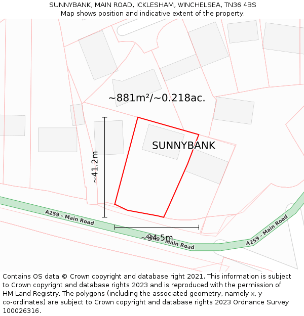 SUNNYBANK, MAIN ROAD, ICKLESHAM, WINCHELSEA, TN36 4BS: Plot and title map