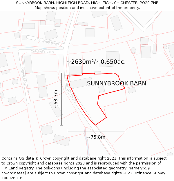 SUNNYBROOK BARN, HIGHLEIGH ROAD, HIGHLEIGH, CHICHESTER, PO20 7NR: Plot and title map