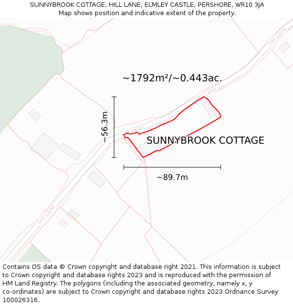 SUNNYBROOK COTTAGE, HILL LANE, ELMLEY CASTLE, PERSHORE, WR10 3JA: Plot and title map