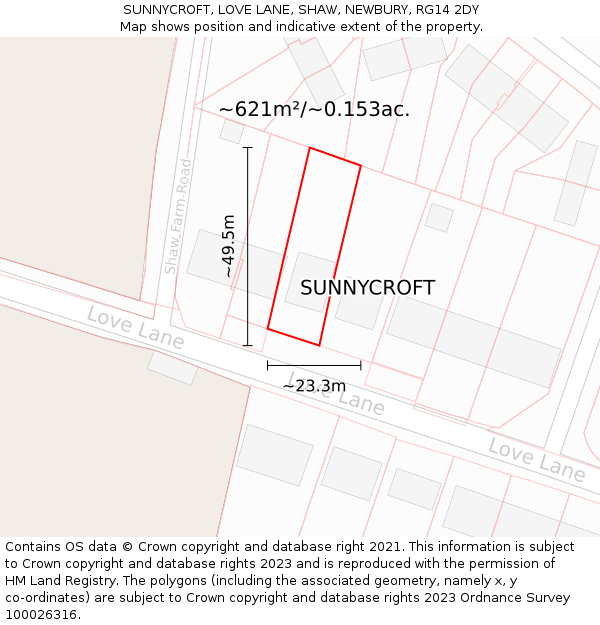 SUNNYCROFT, LOVE LANE, SHAW, NEWBURY, RG14 2DY: Plot and title map