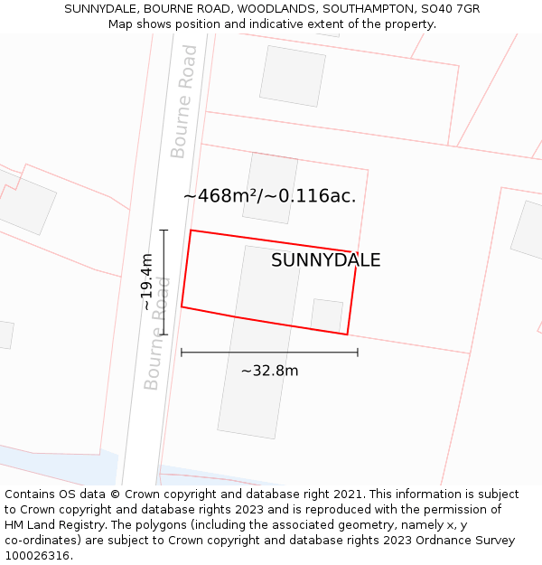 SUNNYDALE, BOURNE ROAD, WOODLANDS, SOUTHAMPTON, SO40 7GR: Plot and title map