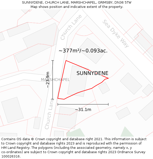 SUNNYDENE, CHURCH LANE, MARSHCHAPEL, GRIMSBY, DN36 5TW: Plot and title map