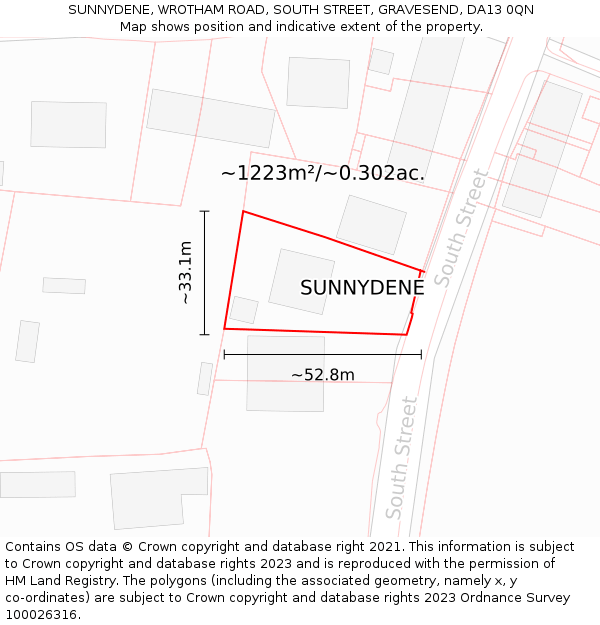 SUNNYDENE, WROTHAM ROAD, SOUTH STREET, GRAVESEND, DA13 0QN: Plot and title map