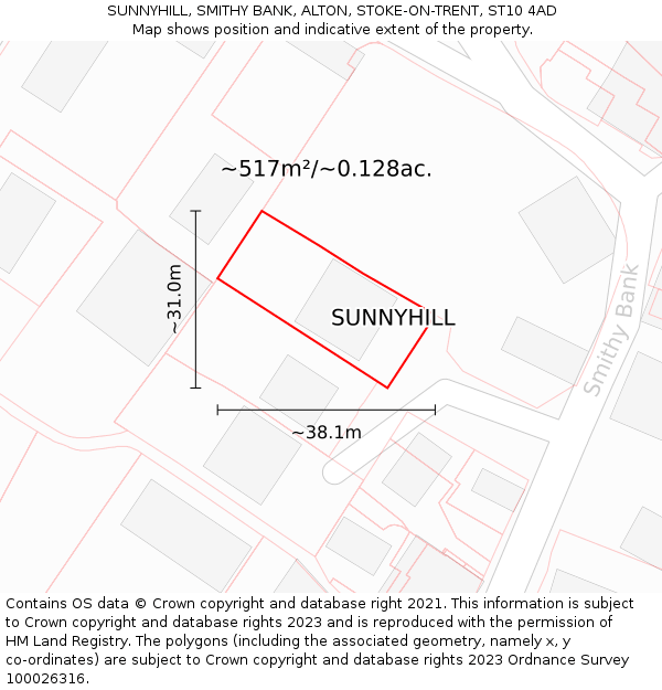 SUNNYHILL, SMITHY BANK, ALTON, STOKE-ON-TRENT, ST10 4AD: Plot and title map