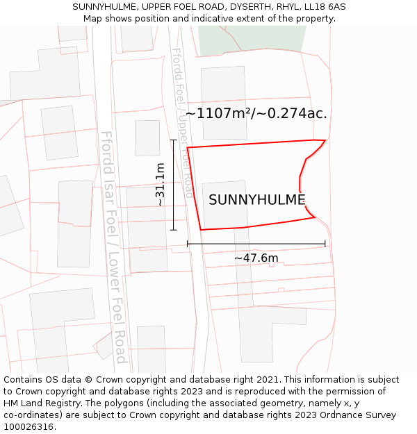 SUNNYHULME, UPPER FOEL ROAD, DYSERTH, RHYL, LL18 6AS: Plot and title map