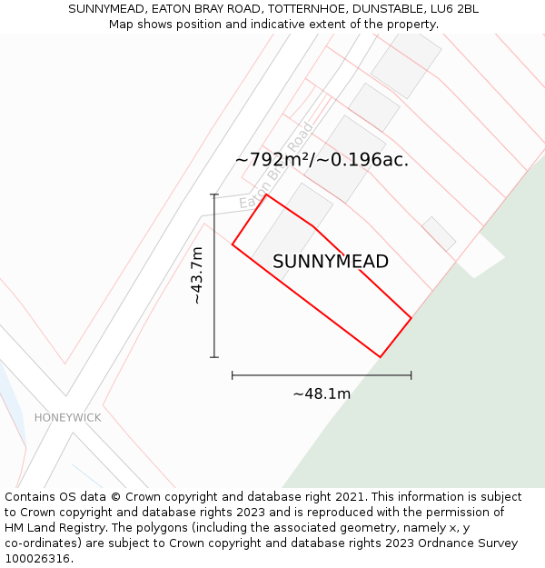 SUNNYMEAD, EATON BRAY ROAD, TOTTERNHOE, DUNSTABLE, LU6 2BL: Plot and title map