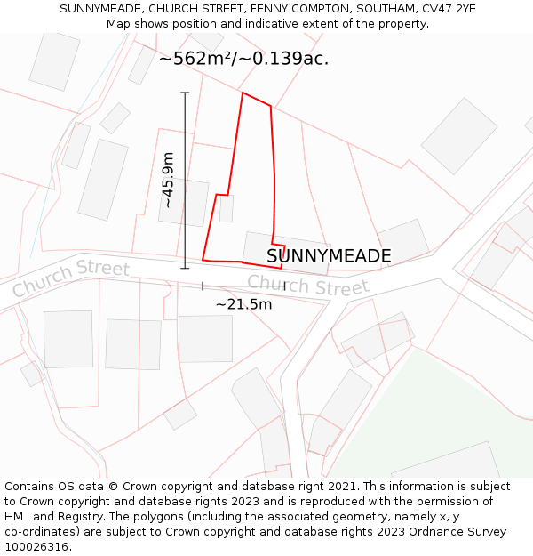 SUNNYMEADE, CHURCH STREET, FENNY COMPTON, SOUTHAM, CV47 2YE: Plot and title map