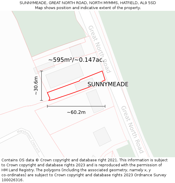 SUNNYMEADE, GREAT NORTH ROAD, NORTH MYMMS, HATFIELD, AL9 5SD: Plot and title map