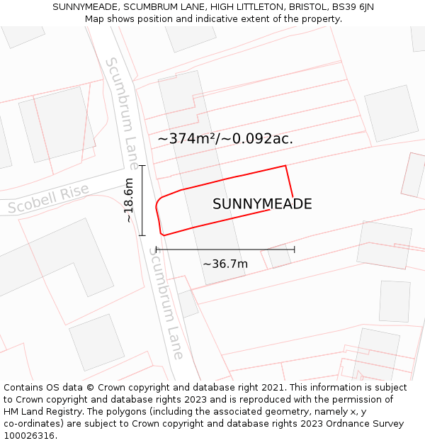 SUNNYMEADE, SCUMBRUM LANE, HIGH LITTLETON, BRISTOL, BS39 6JN: Plot and title map