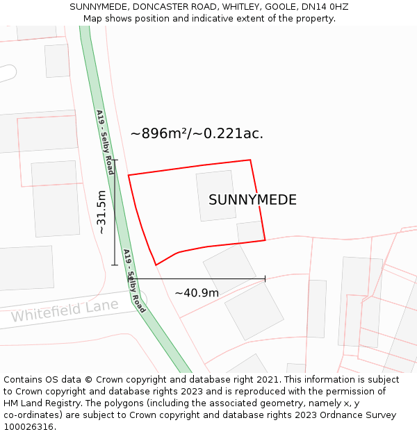 SUNNYMEDE, DONCASTER ROAD, WHITLEY, GOOLE, DN14 0HZ: Plot and title map