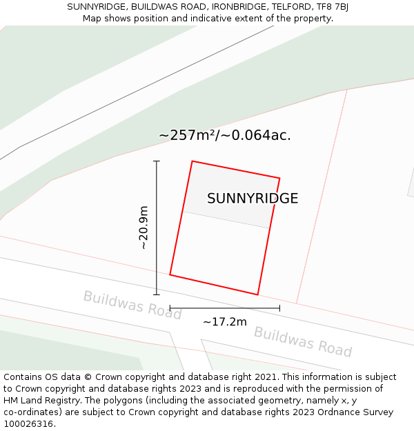 SUNNYRIDGE, BUILDWAS ROAD, IRONBRIDGE, TELFORD, TF8 7BJ: Plot and title map