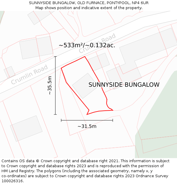 SUNNYSIDE BUNGALOW, OLD FURNACE, PONTYPOOL, NP4 6UR: Plot and title map